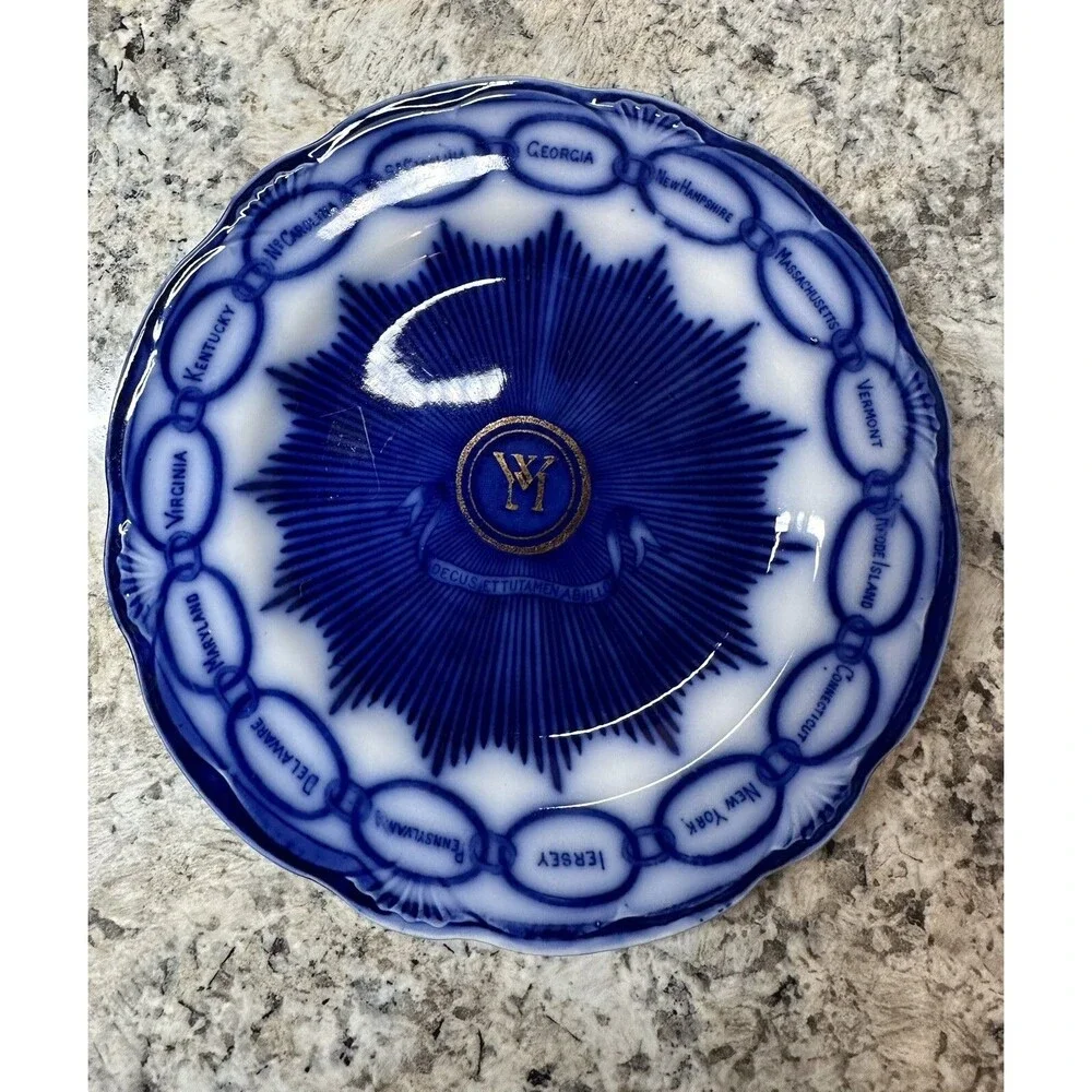 Staffordshire Flow Blue Plate, CHAIN OF STATES, Martha Washington